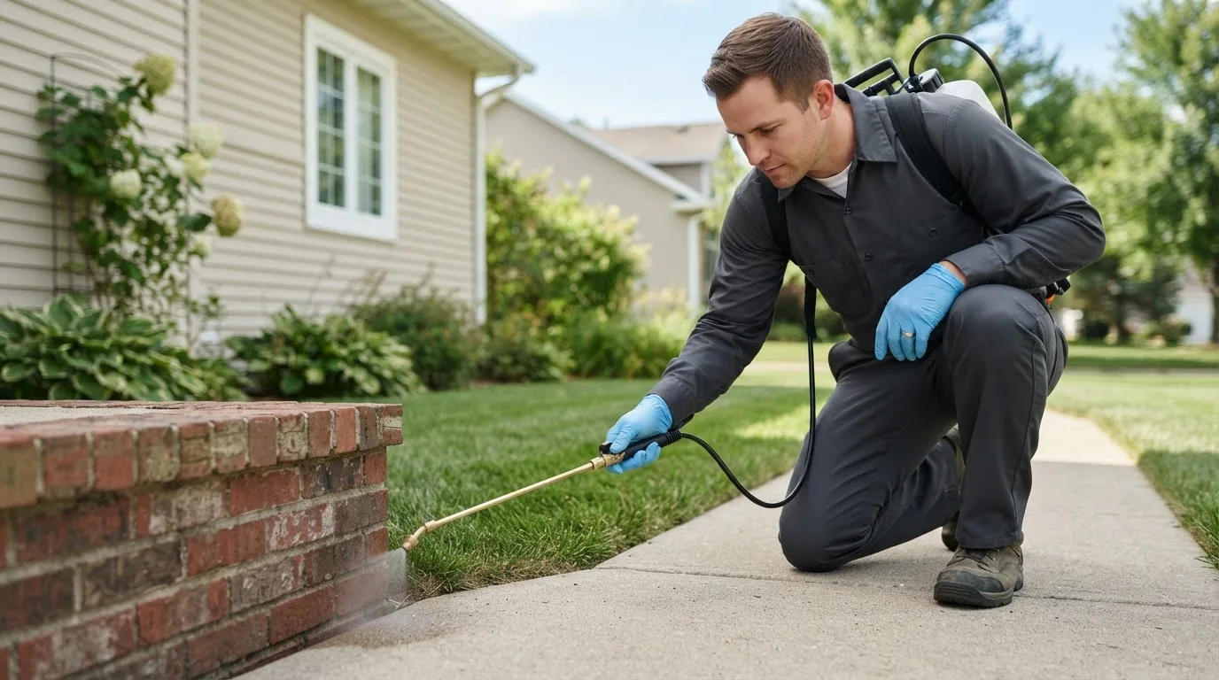 Pest control technician treating a home near Renwick, IA