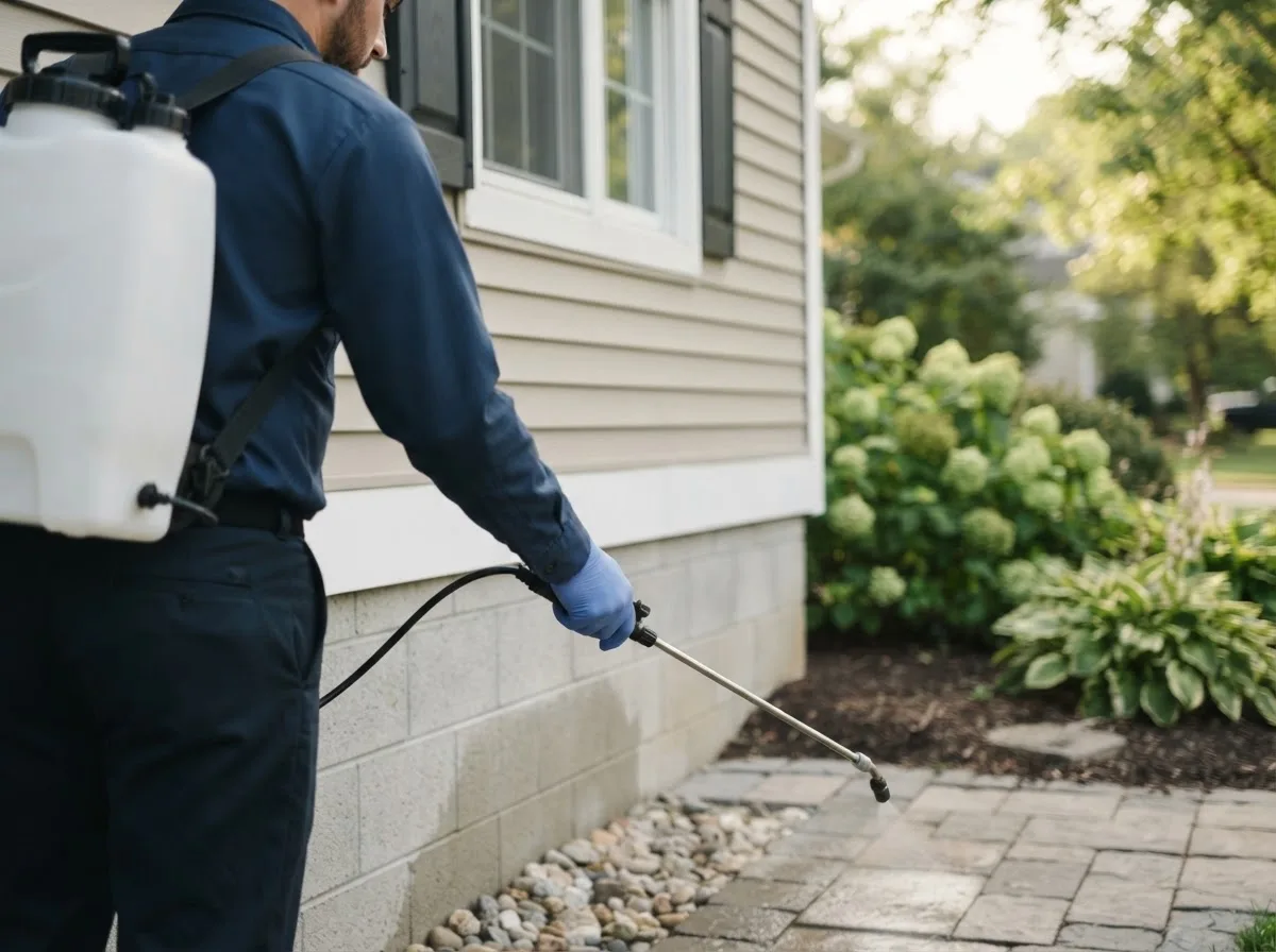 Pest control technician inspecting a home in Renwick, IA